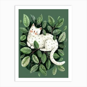 White Cat In Green Leaves 1 Art Print