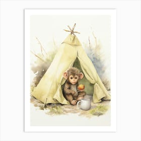 Monkey Painting Camping Watercolour 1 Art Print