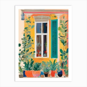 House facade with retro windows and plants Art Print