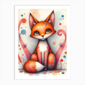 Doodle-Tailed Fox in a Whimsical Garden Art Print