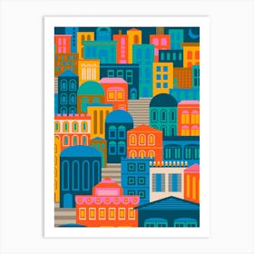 CITY LIGHTS AT NIGHT Vintage Travel Poster Portrait Layout with Geometric Architecture Buildings in Bright Rainbow Colours Orange Yellow Pink Green Blue Brown Cream on Dark Navy Blue Art Print