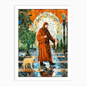 Mosaic Cat & Monk In Monestary Garden Art Print