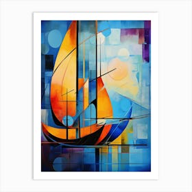 Sailing Boat at Sunset VI, Vibrant Colorful Painting in Cubism Picasso Style Art Print