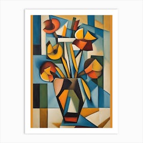 Flowers In Vase Cubism Blue Orange Art Print