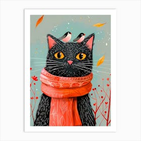 Black Cat With Birds 1 Art Print