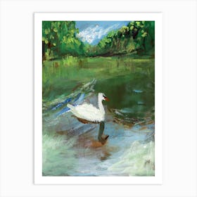 Swan On A Lake - painting nature landscape bird white green impressiniosm Anton Maliar vertical living room Art Print