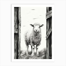 Sheep In Wooden Barn Black & White Illustration Art Print