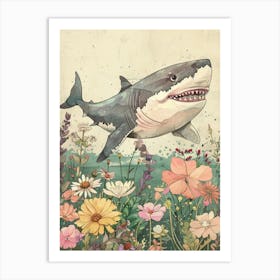 Shark With The Flowers Detailed Line Illustration Art Print