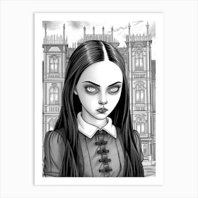 Nevermore Academy With Wednesday Addams And A Cat Line Art 6 Fan Art Art Print