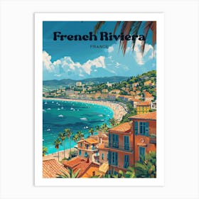 French Riviera Coastal Digital Travel Illustration Art Print