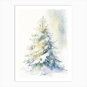 Snowfalkes By Christmas Tree, Snowflakes, Storybook Watercolours 1 Art Print