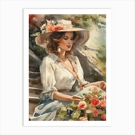 Woman With Roses Watercolor Painting Art Print