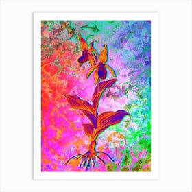 Lady's Slipper Orchid Botanical in Acid Neon Pink Green and Blue n.0140 Art Print