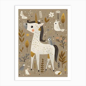 Unicorn In The Meadow With Abstract Woodland Animals 2 Art Print
