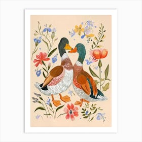 Folksy Floral Animal Drawing Duck 4 Art Print