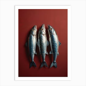 Three Sardines On A Red Background Art Print