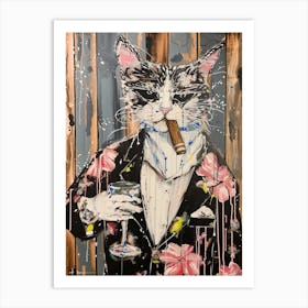 Animal Party: Crumpled Cute Critters with Cocktails and Cigars Cat With Cigar' Art Print