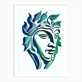 Green Man 1 Symbol Blue And White Line Drawing Art Print