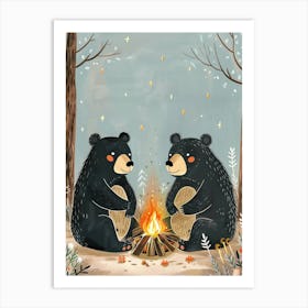 American Black Bear Two Bears Sitting Together Storybook Illustration 2 Art Print