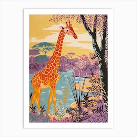 Giraffe By The Watering Hole Watercolour Illustration 2 Art Print