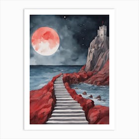 Stairs rising from the blue sea between red rocks lead to a medieval castle under the red moon Art Print