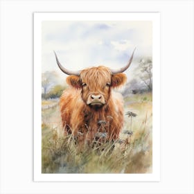 Grassy Highland Cow Watercolour 2 Art Print