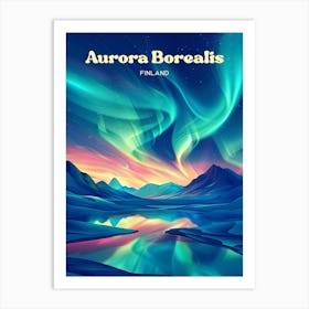 Aurora Borealis Iceland Dancing Lights Travel Art Illustration Art Print