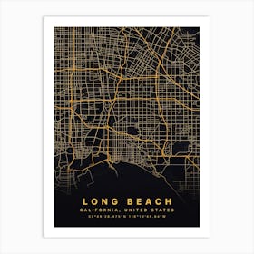 Long Beach California Black And Gold Map Art Print