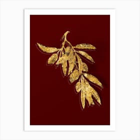 Vintage Olive Tree Branch Botanical in Gold on Red n.0247 Art Print