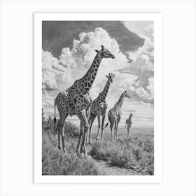 Giraffe Walking Down The Path Pencil Drawing 3 Art Print