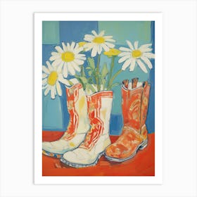 A Painting Of Cowboy Boots With Daisies Flowers, Pop Art Style 14 Art Print