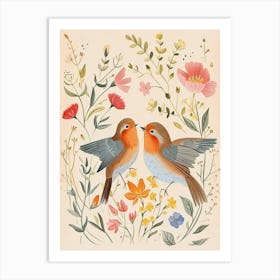 Folksy Floral Animal Drawing Bird Art Print