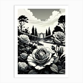 Black and White Roses In The Garden Art Print