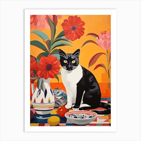Protea Flower Vase And A Cat, A Painting In The Style Of Matisse 1 Art Print