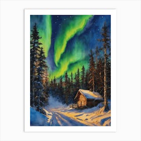 The Northern Lights - Aurora Borealis Rainbow Winter Snow Scene of Lapland Iceland Finland Norway Sweden Forest Lake Watercolor Beautiful Celestial Artwork for Home Gallery Wall Magical Etheral Dreamy Traditional Christmas Greeting Card Painting of Heavenly Fairylights 10 Art Print