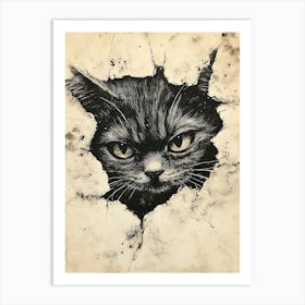 Angry Cat Watching from Wall Hole 5 Art Print