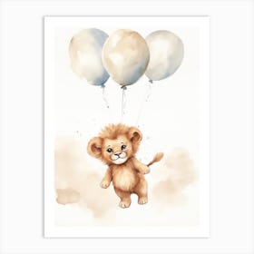 Baby Lion Flying With Ballons, Watercolour Nursery Art 4 Art Print