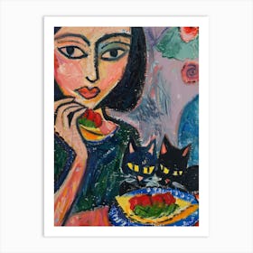 Portrait Of A Woman With Cats Eating Tacos Art Print