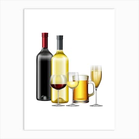 Wine Bottles And Glasses Isolated On White Art Print