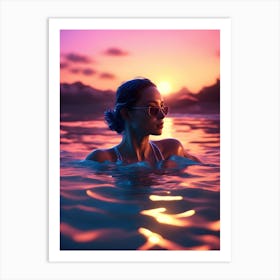 Woman In The Ocean In sunset Art Print