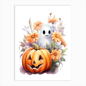 Cute Ghost With Pumpkins Halloween Watercolour 118 Art Print