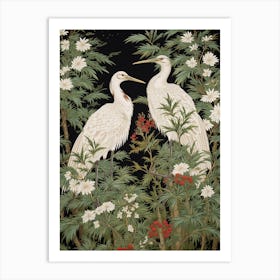 Green And White Cranes Vintage Japanese Botanical Art Print