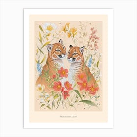 Folksy Floral Animal Drawing Mountain Lion Poster Art Print