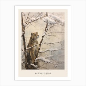 Vintage Winter Animal Painting Poster Mountain Lion 2 Art Print