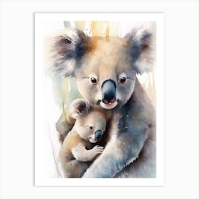Baby Koala With Mom Watercolor Art Print