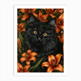 Black Cat With Orange Lilies Art Print