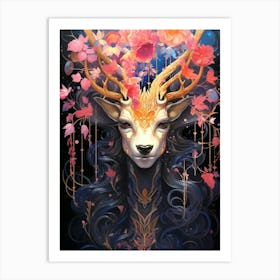 Floral Fantasy Deer Queen Art Print