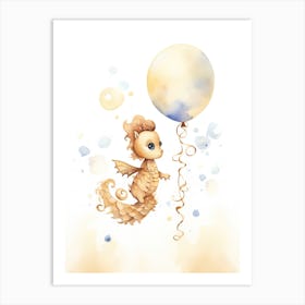 Baby Seahorse Flying With Ballons, Watercolour Nursery Art 3 Art Print