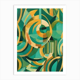 Smile - Abstract Art Deco Geometric Shapes Oil Painting Modernist Picasso Inspired Bold Gold Green Turquoise Gold Red Face Visionary Fantasy Style Wall Decor Surrealism Trippy Cool Room Art Invoke Psychedelic Art Print