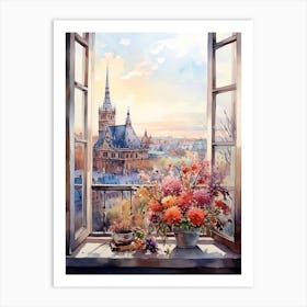 Window View Of Frankfurt Germany In Autumn Fall, Watercolour 1 Art Print
